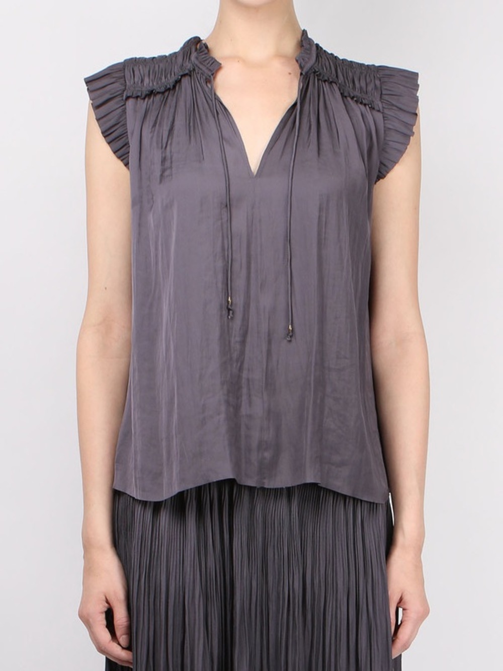 Ulla Johnson REM satin Smocked Neck Gray Women's Top